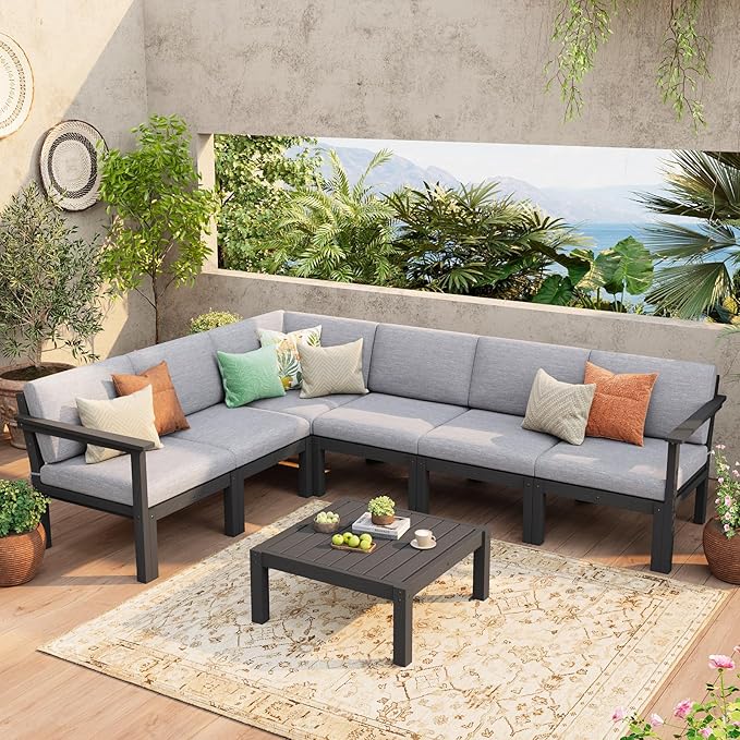 Stoog 6-Piece Patio Sectional Sofa Set, Modular Outdoor Furniture Set - All-Weather Waterproof HIPS Frame & Quick-Dry Olefin Cushions, Black