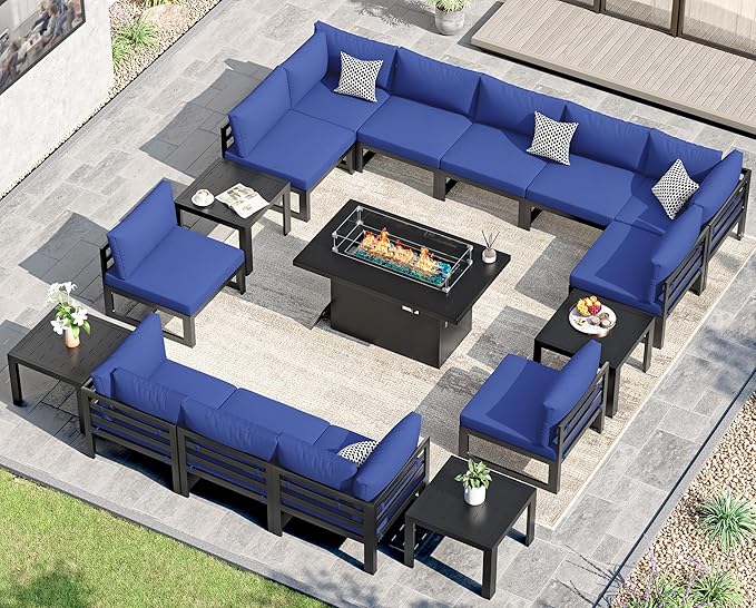 NICESOUL 17 Pcs Extra Large Modern Aluminum Outdoor Sofa with Fire Pit & Coffee Table, 29 inch Deep Wide Seat, 500 lbs Durable Sectional Set, High End Patio Furniture Set for Backyard Lawn, Navy Blue