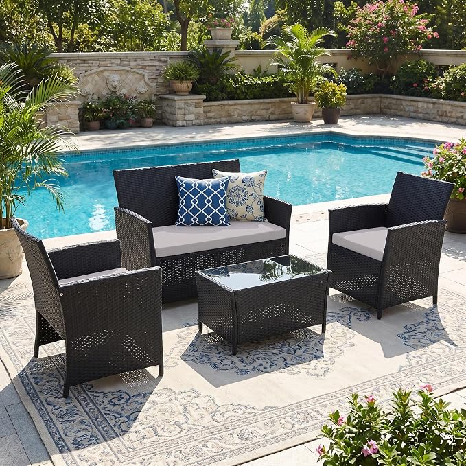 FHFO 4 Piece Outdoor Wicker Patio Furniture Set, Black/Light Grey | Sectional Sofa | All-Weather Hand-Woven Rattan | Tempered Glass Coffee Table | Durable Fabric | Indoor & Outdoor Use