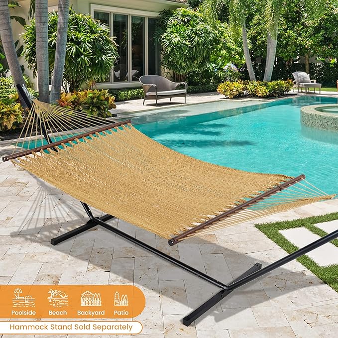 Lazy Daze Hammocks 13 FT Extra Large 2+ Person Caribbean Rope Hammock, Hand Woven Polyester XL Hammock with Spreader Bars, for Outside Outdoor Backyard Patio Poolside, 500 LBS Capacity, Tan