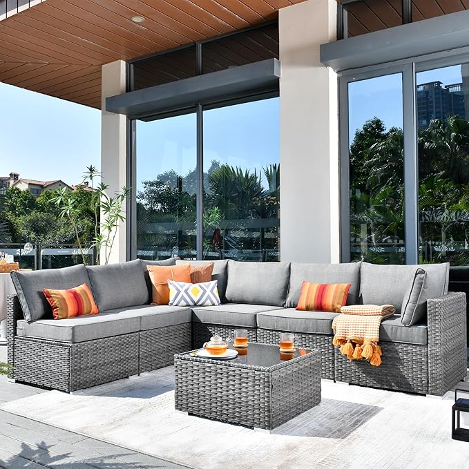 ovios Outdoor 7 Piece Coversation Set with Coffee Table,Sectional Patio Furniture Set with All-Weather Wicker Sofa,Modern Outside Couch for Balcony Backyard Pool, Dark Grey