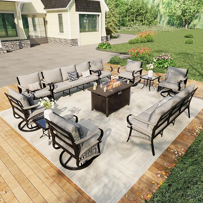 11 Pieces Patio Furniture Set, Metal Outdoor Conversation Sets with Fire Pit Table and Swivel Chairs for Backyard Garden Deck Porch Poolside (Thick Beige Cushions)