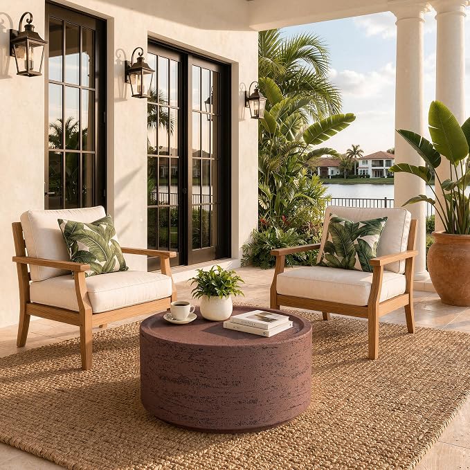 UPHA 28" Round Outdoor Coffee Table, Modern Hollow Concrete Patio Table, Small Minimalist Low Accent Table for Living Room, Balcony, Deck, Backyard, Rust Red