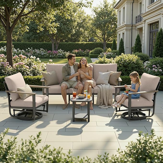 5-Seat Outdoor Patio Furniture Set Aluminum Sectional Sofa Set, Patio Conversation Set with High Backrest & Thickened Cushions for Garden, Backyard, Poolside, Sand