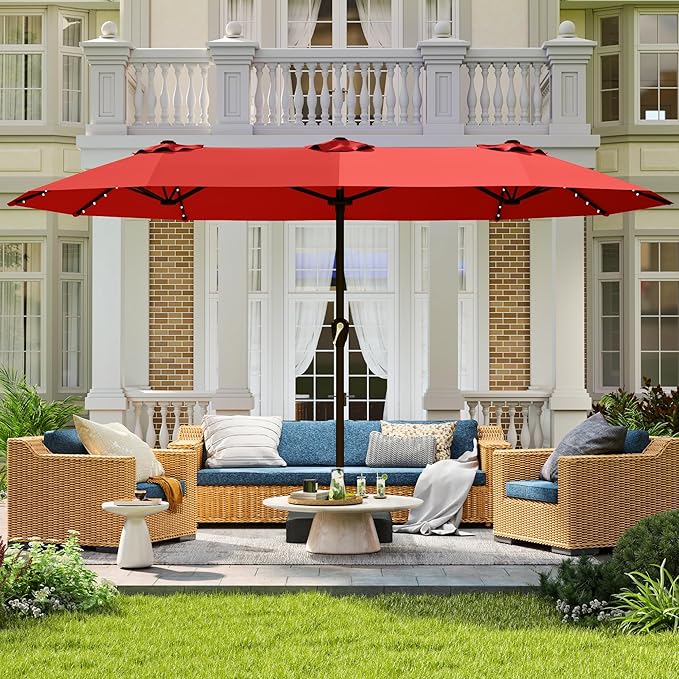 Large Patio Umbrella with Solar Lights and Base, Double-Sided Outdoor Rectangle Umbrella with 48 LED Lights, Market Table Umbrellas with UV Resistant Canopy