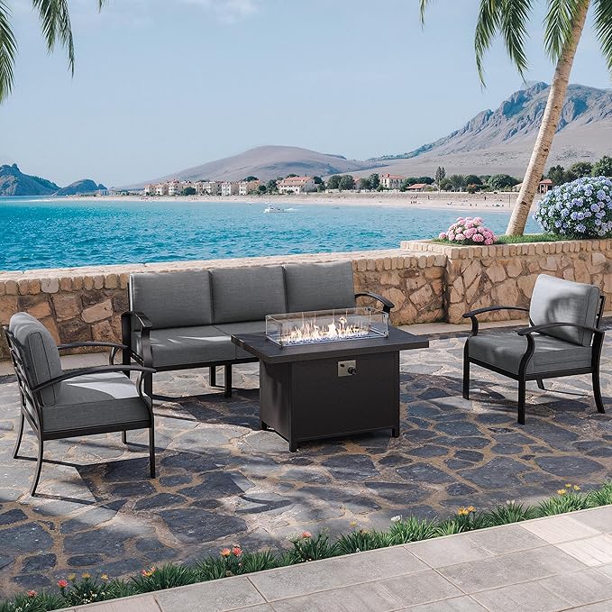 Kurapika Aluminum Patio Furniture Set 5-Seat Modern Metal Outdoor Conversation Sets w/45in Propane Fire Pit Table, w/5.1 Inch Cushion Patio Sectional Sofa, Grey