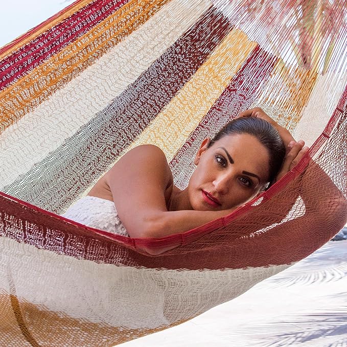 NOVICA Brown Burgundy White Yellow Striped Cotton Hand Woven Mayan Rope 2 Person XL Hammock, 'Loreto' (Double)