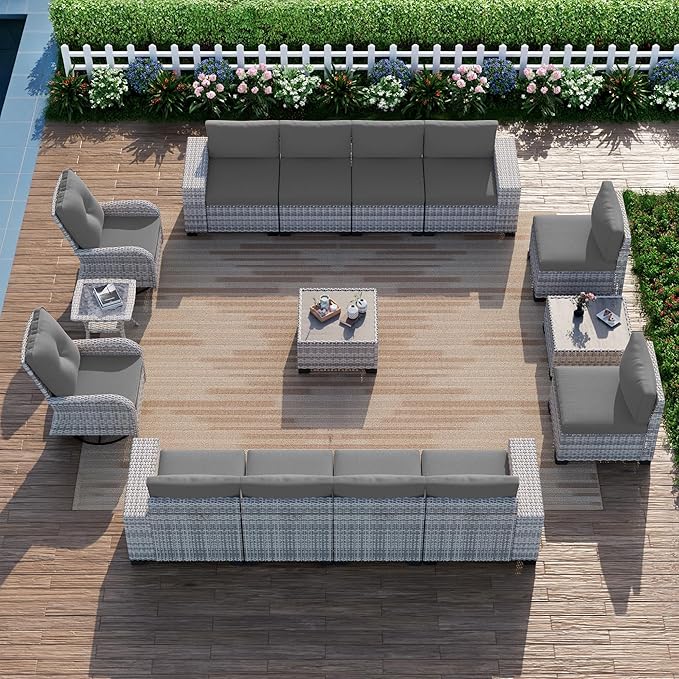 15-Piece Outdoor Patio Furniture Set with Rocking Swivel Chair Wicker Sectional Sofa Set, Patio Conversation Set with Thickened Cushions & Coffee Table for Garden, Backyard, Poolside, Grey