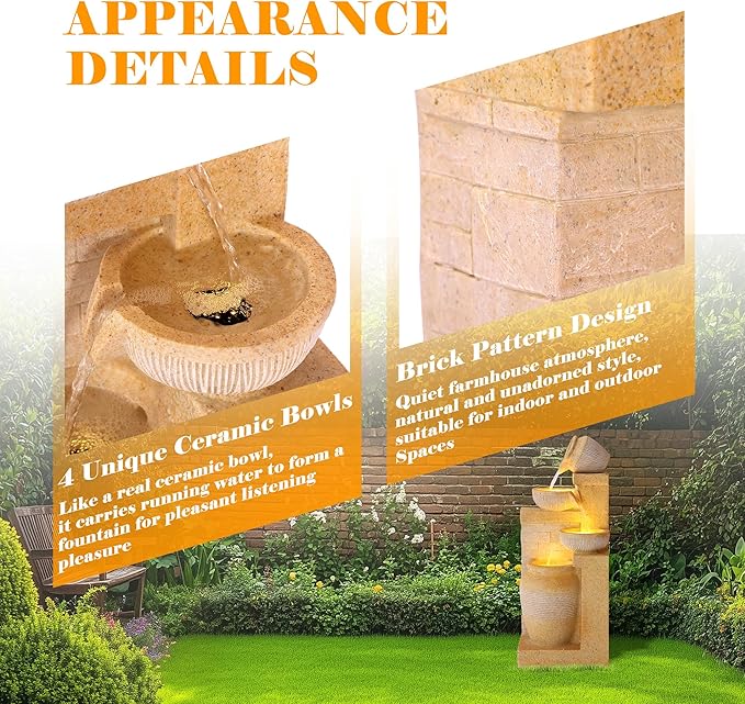 Water Fountain Outdoor, Modern Water Feature with LED Lights, 4-Tier Cascading Resin Waterfall Fountain, 32" Large Garden Fountains for Yard, Deck, Patio, Porch (Yellow)