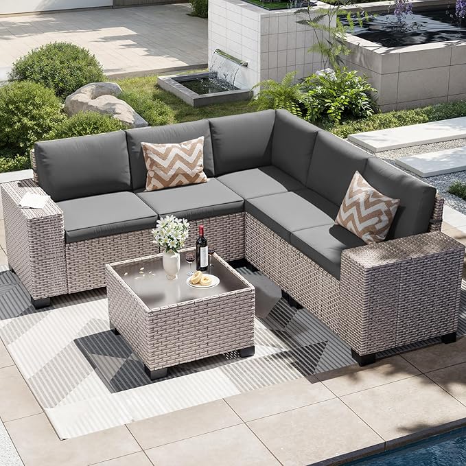 6-Piece Outdoor Patio Furniture Set, Modular Sectional Sofa Set with Glass Coffee Table and Cushions, Wicker Outdoor Couch Conversation Sets, Gray