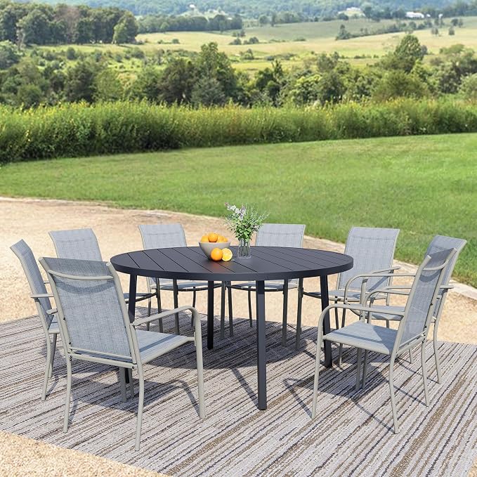 9-Piece Patio Furniture Set, Black Round Patio Table and Beige Chairs Set of 8, Outdoor Dining Set with Umbrella Hole for Garden, Yard, Patio