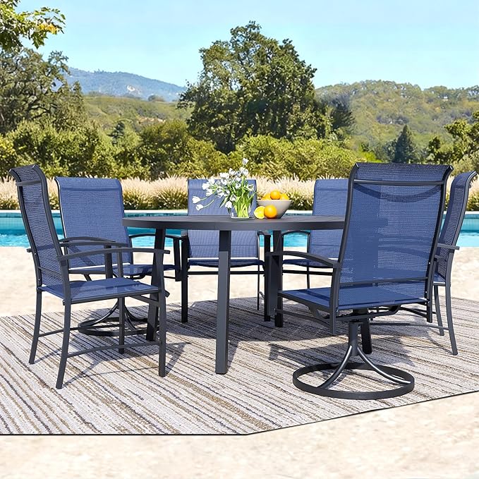 7 Piece Outdoor Patio Dining Set for 6, 47" Black Round Metal Table with 6 Blue Chairs, All-Weather Outdoor Furniture Set for Backyard, Lawn, Deck, or Poolside