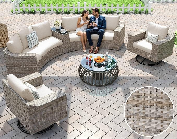 LUXOAK 9-Piece Wicker Patio Furniture Set with Swivel Rocking Chairs, Curved Sectional Sofa with Storage Table, All-Weather Outdoor Conversation Set with 6" Armrests, for Backyard/Garden/Deck