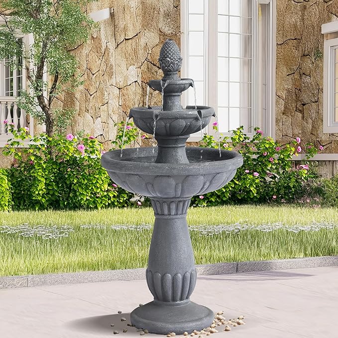 40.6" H Large Italian Bubbler Fountain Outdoor, 3-Tiers Floor Standing Basin Water Feature, Garden Water Fountains with Pineapple Top, Modern Waterfalls Fountain for Patio, Yard Decor, Gray