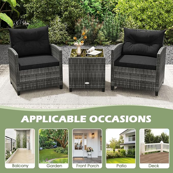 ORALNER Patio Furniture, 3 Pieces Outdoor Wicker Conversation Set Chairs with Soft Cushions and Glass Coffee Table, Rattan Bistro Set for Balcony Garden Deck Front Porch Poolside (Black)