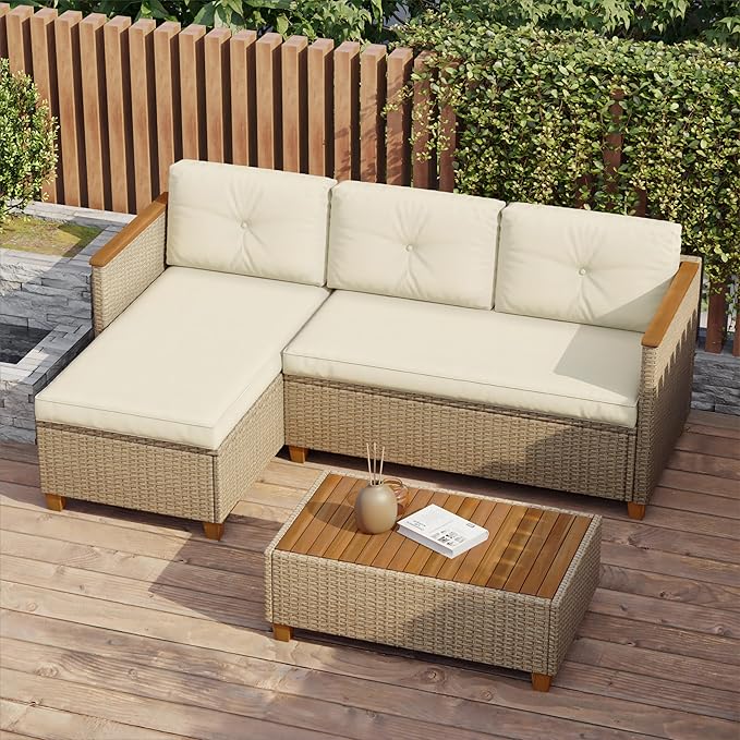 Patio Furniture Set Small Rattan Conversation Set, 3 Piece Wicker Outdoor Sectional Chaise Longue with Acacia Wood Coffee Table,L-Shaped Sofa Couch for Deck Garden Balcony, Beige
