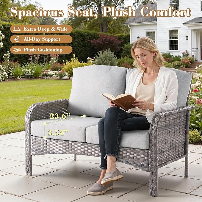 5 Pieces Patio Furniture Set, All Weather Rattan Patio Conversation Sets with Swivel Rocking Chairs, Coffee Table, High Back Outdoor Furniture Loveseat for Porch, Backyard,Grey