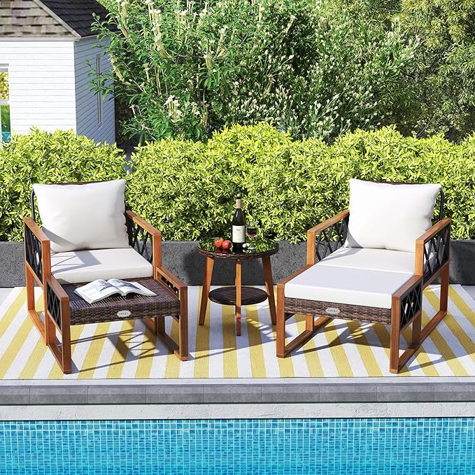 Tangkula 5 Pieces Patio Furniture Conversation Set, Outdoor Rattan Acacia Wood Cushioned Chairs with Ottomans, 2-Tier Side Table, for Porch, Balcony and Garden
