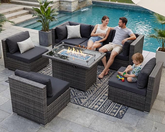 NICESOUL 29.3'' High Back Outdoor Patio Sectional Furniture Sofa Set with Fire Pit Table Natural Gas/Propane, 7 Piece Luxury Extra-Large Wicker Conversation, Deep Wide Couches for Backyard, Dark Gray