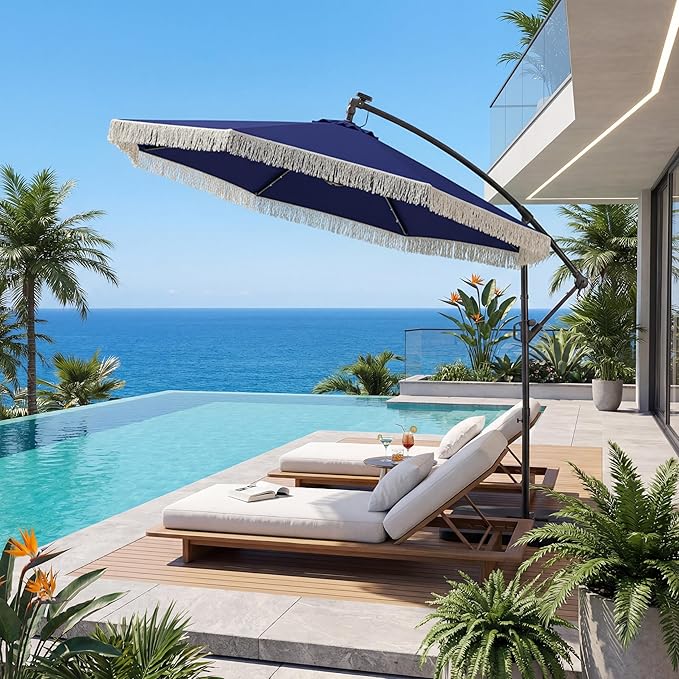 MONDAWE 10FT Cantilever Patio Umbrella with Tassels, 360° Rotation Offset Outdoor Umbrella, Heavy Duty Backyard Shade Umbrella with 180G Fabric for Patio Garden Deck