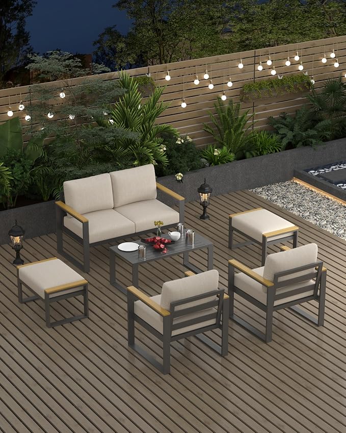 IDEALHOUSE Aluminum Patio Furniture Armchair Set of 2, Metal Outdoor Chairs with Upgraded Cushions, All-Weather Outdoor Single Sofa for Balcony, Garden, Deck, Backyard, Beige