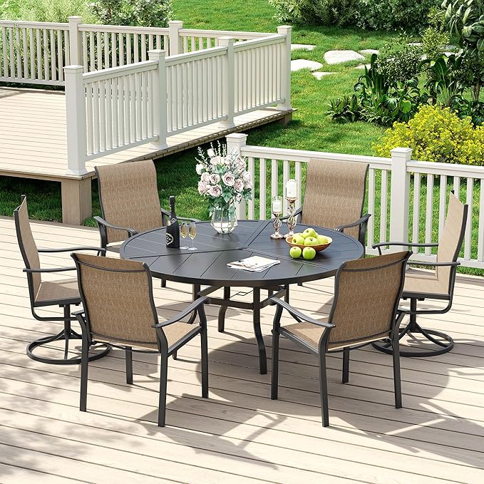 UDPATIO 7 Piece Patio Dining Set for 6, Patio Outdoor Table and Chairs, 51" Black Round Table with Umbrella Hole, Brown Patio Chairs, Patio Table with Chairs, Outdoor Dining Set for Lawn, Backyard
