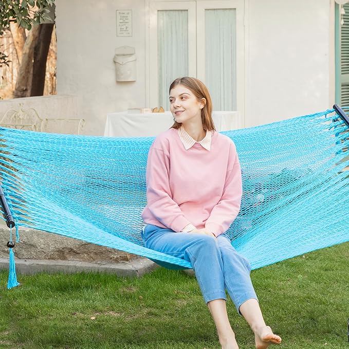 PNAEUT Double Rope Hammocks for Outside, Handwoven Double Caribbean Hammock with Spreader Bar for Outdoor Indoor, Max 600 lbs Capacity (Sky)