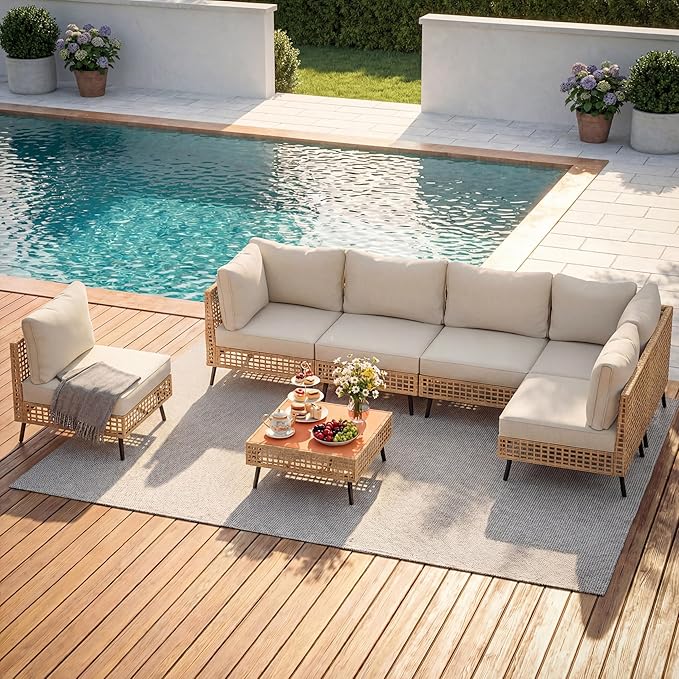 LAUSAINT HOME 7 Pieces Outdoor Sectional Sofa Set, All-Weather PE Wicker Rattan Patio Conversation Set with Thick Cushions & Coffee Table, Patio Furniture Set for Garden, Backyard, Porch (Beige)