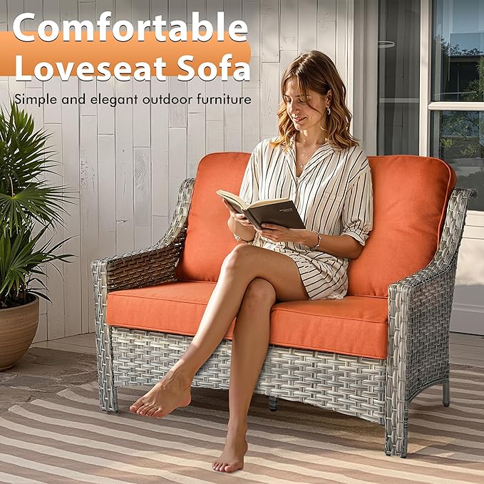 Outdoor Patio Furniture Sets, 5 PCS Patio Conversation Set Outside Rattan Sofa with 54 in Fire Pit Table Comfy Cushions Fit Backyard Porch Garden Poolside Balcony,Orange Red