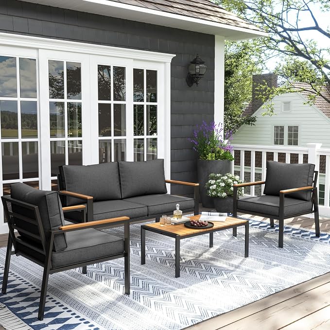 UDPATIO Metal Outdoor Patio Furniture Set, Modern Outdoor Conversation Sets w/Coffee Table, Outside Furniture with Thick, Washable and High-Resiliency Sponge Cushions, Deep Grey, 4 PCS