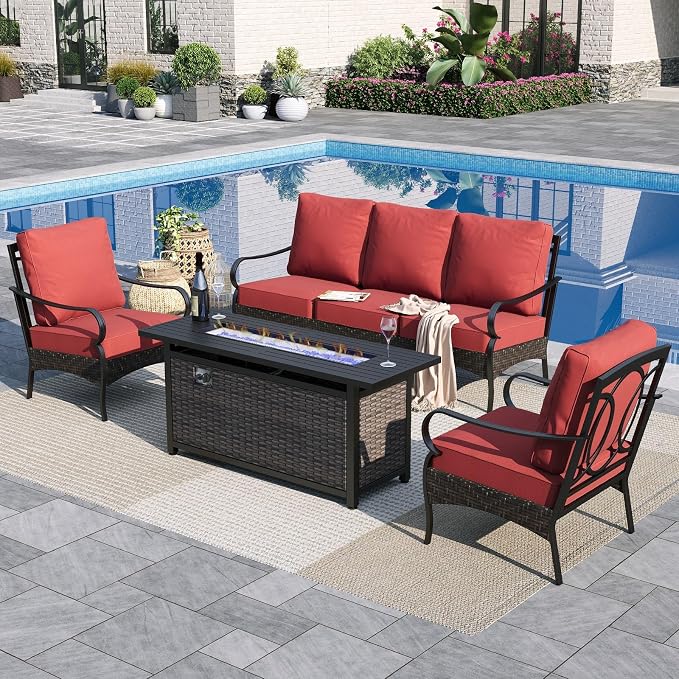 Sophia & William Patio Furniture Set with Fire Pit Table, 4 PCS Metal Outdoor Conversation Set with Fire Pit Table, 2 Sofa Chairs,3-Seater Couch for Outdoor Seating, Backyard, Porch(Red)