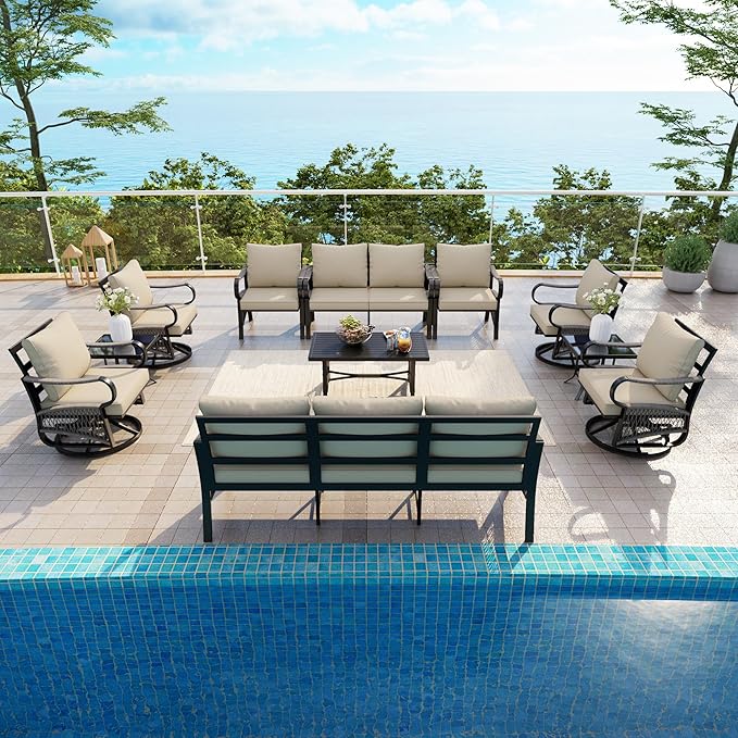 11 Pieces Patio Conversation Sets, All-Weather Metal Swivel Rocking Chairs with Rope Furniture Set, Outdoor Sofa Couch for Deck, Porch, Garden, Backyard, Poolside (Beige Cushions)