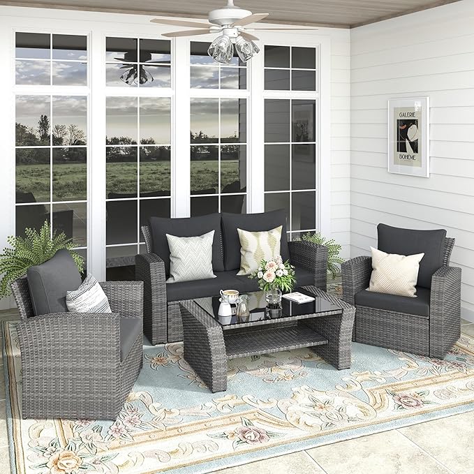 4-Piece Outdoor Patio Furniture Set, All Weather Wicker Rattan Sectional Sofa Conversation Seating Set with Cushions & Large Glass Coffee Table, Ideal for Garden Backyard Porch, Dark Grey