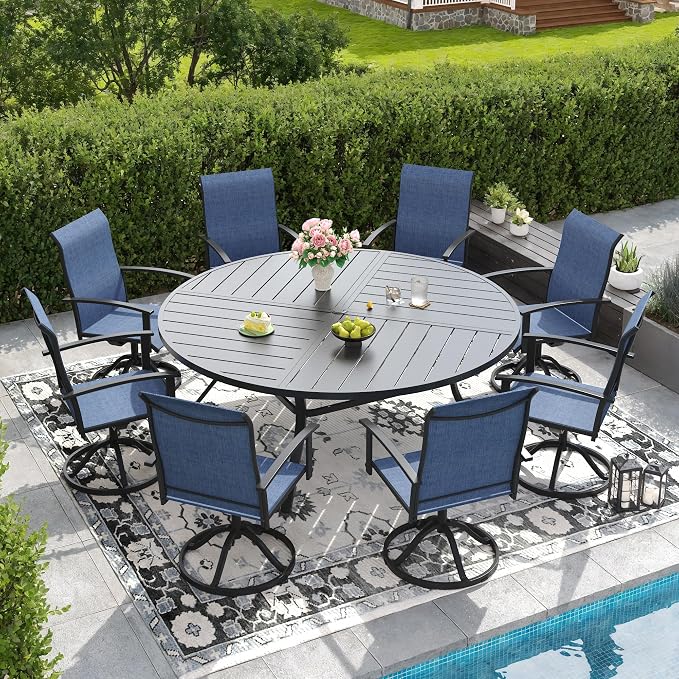 DIFY 9 Pieces Outdoor Dining Set, Metal Patio Table and Chairs Set for 8 with Umbrella Hole, 63" Black Round Table and Blue Textilene Swivel Patio Chairs for Garden, Backyard, Poolside