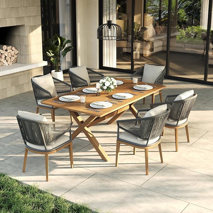 LayinSun 7 Piece Outdoor Dining Table Set, Aluminum Modern Rectangular Dining Table and All-Weather Wicker Chairs Set for Patio Deck Indoor Decor Kitchen