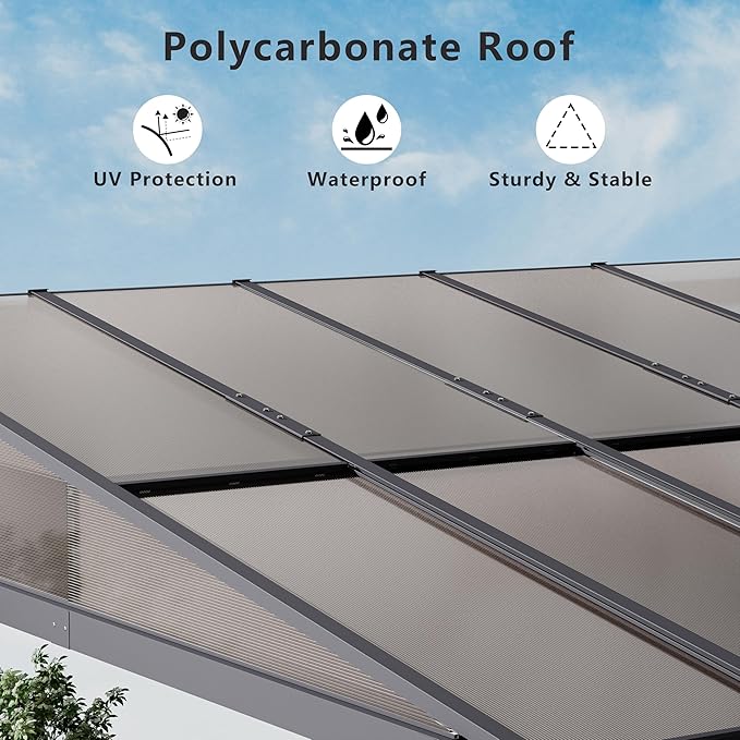 ALAULM 10'x 12' Outdoor Hardtop Pergola,Wall Mounted Lean to Gazebo with Curtains and Netting,Galvanized Metal Frame,Sunshade for Patio, Backyard, Deck and Lawns-Sand