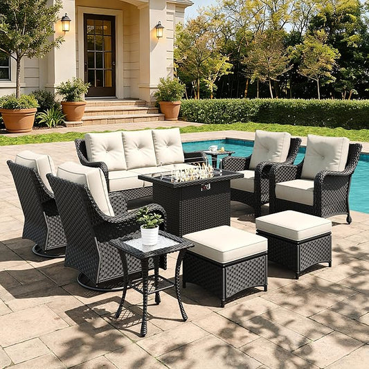 10 Pieces Outdoor Furniture Set with 6-inch Cushions, High Back Wicker Swivel Rocker Chairs with Fire Pit Table, Luxury Conversation Set for Deck Patio and Poolside