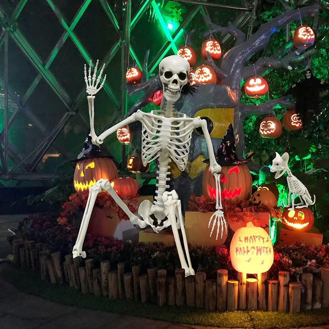 5.4Ft Posable Halloween Skeleton with Dog Cat Skeleton for Halloween Decor | Full Body Life Size Human Bones with Movable Joints