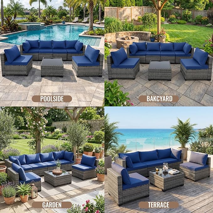 7 Pieces Outdoor Wicker Patio Furniture Sectional Set, Patio Conversation Set with Cushions & Coffee Table, All Weather PE Rattan Patio Sofa with Tea Table for Backyard Porch Garden (Navy-blue)