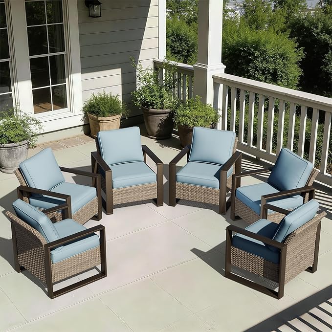Joyside Outdoor Patio Chairs Set, 6 Pieces Wicker Rattan Chairs with Metal Wide Armrest, Thick Cushions and Deep Seating for Garden, Backyard, Porch, Deck
