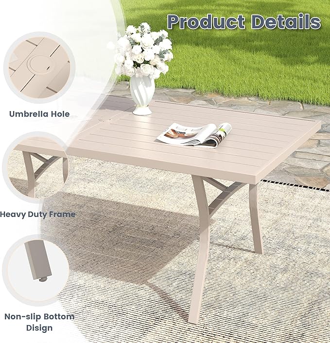 VICLLAX 7 Pieces Outdoor Dining Set, Patio Furniture Set Includes 63" Rectangular Metal Table W/ 1.9" Umbrella Hole and 6 Padded Textilene Swivel Chairs for Porch, Lawn, Garden, Backyard