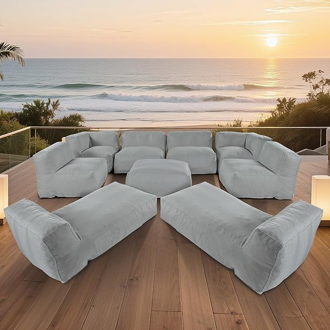 Patio Furniture Set, 9 Pcs Outdoor Conversation Set with Bean Bag Middle Chairs, Corner Chair, Ottomans, Modern Foam Couch Set for Garden, Deck, Balcony (9, Light Gray)