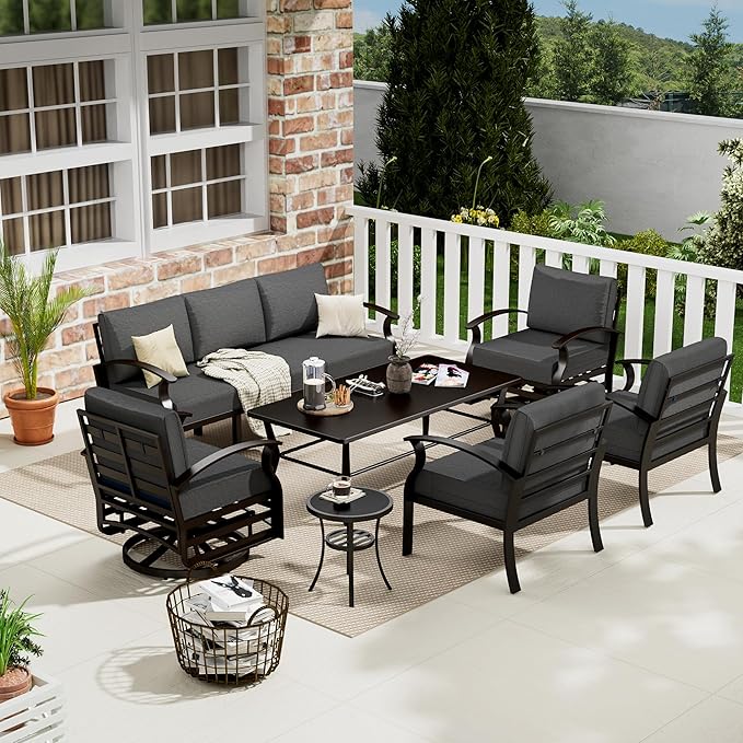 Aluminum Patio Furniture Set with Coffee Table,7 Seats Metal Modern Outdoor Furniture w/5.1" Thick Cushions, Sectional w/Swivel Chairs for Backyard,Grey