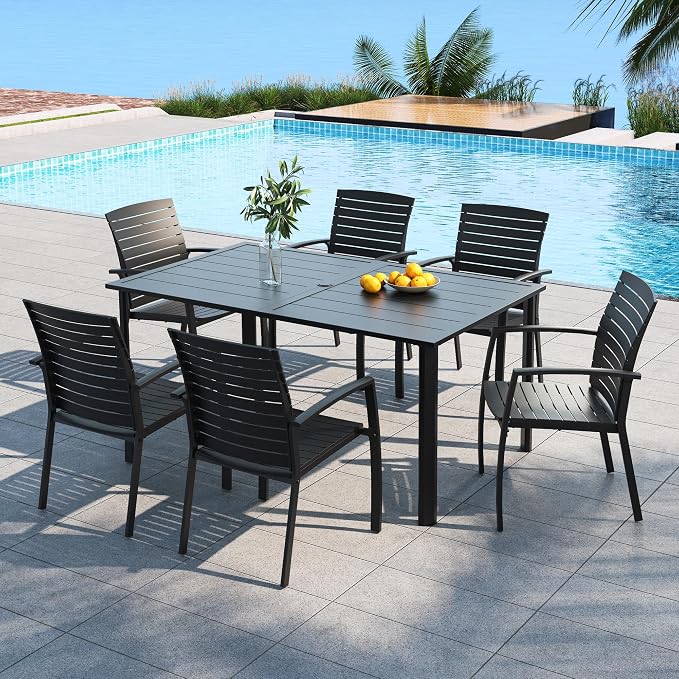 7 Piece Patio 29" Heigh Rectangular Table and Aluminum Chairs Dining Set | Aluminum Frame Chairs, Resin Chair Seat, Resin Chair Back, 6 Piece Stackable Chairs, 1 Piece Black Metal Table, 6 Person Set