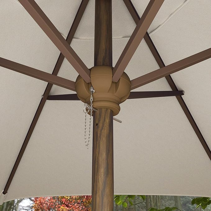 Sunline 7.5 ft Faux- Wood Patio Umbrella, Push Open Pin Stop Outdoor Market Umbrella with UV Protection & Wind Vent, Metal Frame for Deck, Pool & Table, Antique Beige