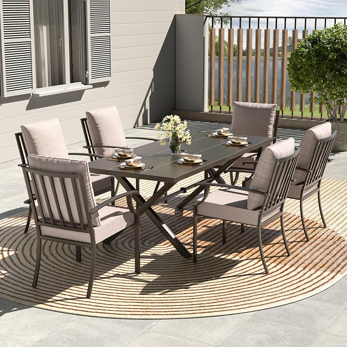 Kullavik 7 Pieces Outdoor Dining Set,Patio Dining Table and Chairs Set for 6,Fence Pattern Back Chairs with Thickened Cushions & Rectangular Metal Dining Table with Umbrella Hole,Sand