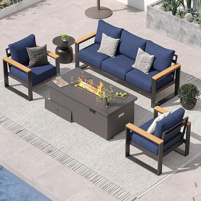 Sundale Outdoor Aluminum Patio Furniture Set, 4 Piece Outdoor Conversation Sets with Fire Pit and 6" Thick Olefin Cushions, All Weather Outdoor Sectional Set for Deck, Lawn, Yard (Navy Blue)