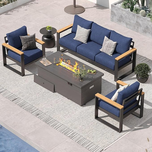 Sundale Outdoor Aluminum Patio Furniture Set, 4 Piece Outdoor Conversation Sets with Fire Pit and 6" Thick Olefin Cushions, All Weather Outdoor Sectional Set for Deck, Lawn, Yard (Navy Blue)