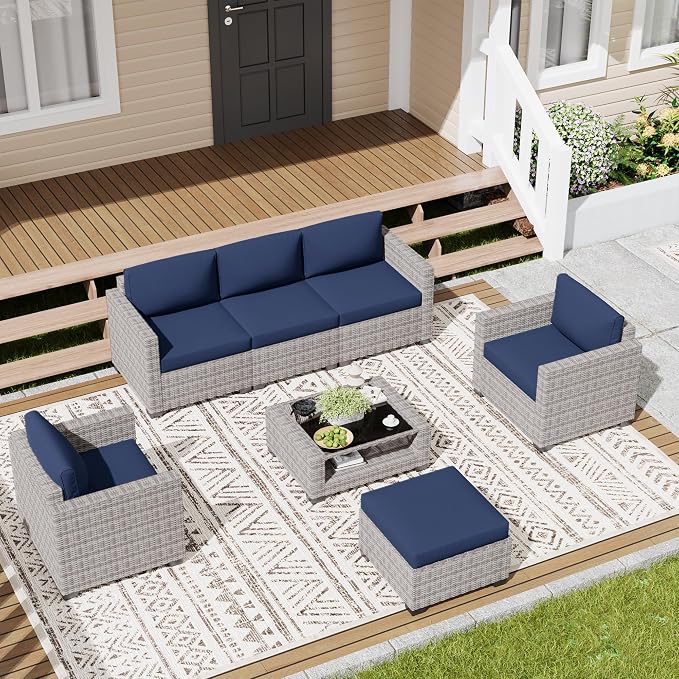 LOUVIXA 7 Piece Outdoor Patio Furniture Set, Rattan Chairs Glass Table Wicker Conversation Seating Sectional Sofa with Cushions (Grey White-Navy, 7Pcs-2 Layer Coffee Table)