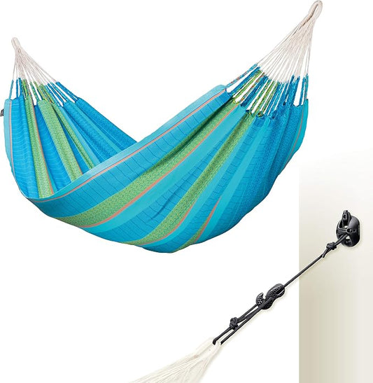 LA SIESTA Flora Classic Cotton Hammock and CasaMount - Indoor/Outdoor Extra Large 2 Person Double Hammock - King, Curacao